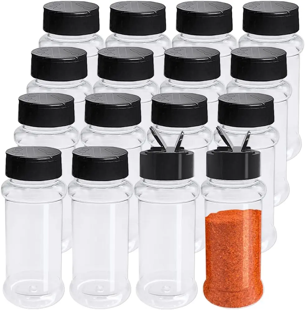 16 Pack 3.4oz/100ml Plastic Spice Bottles Set,Empty Seasoning Containers with Black Cap