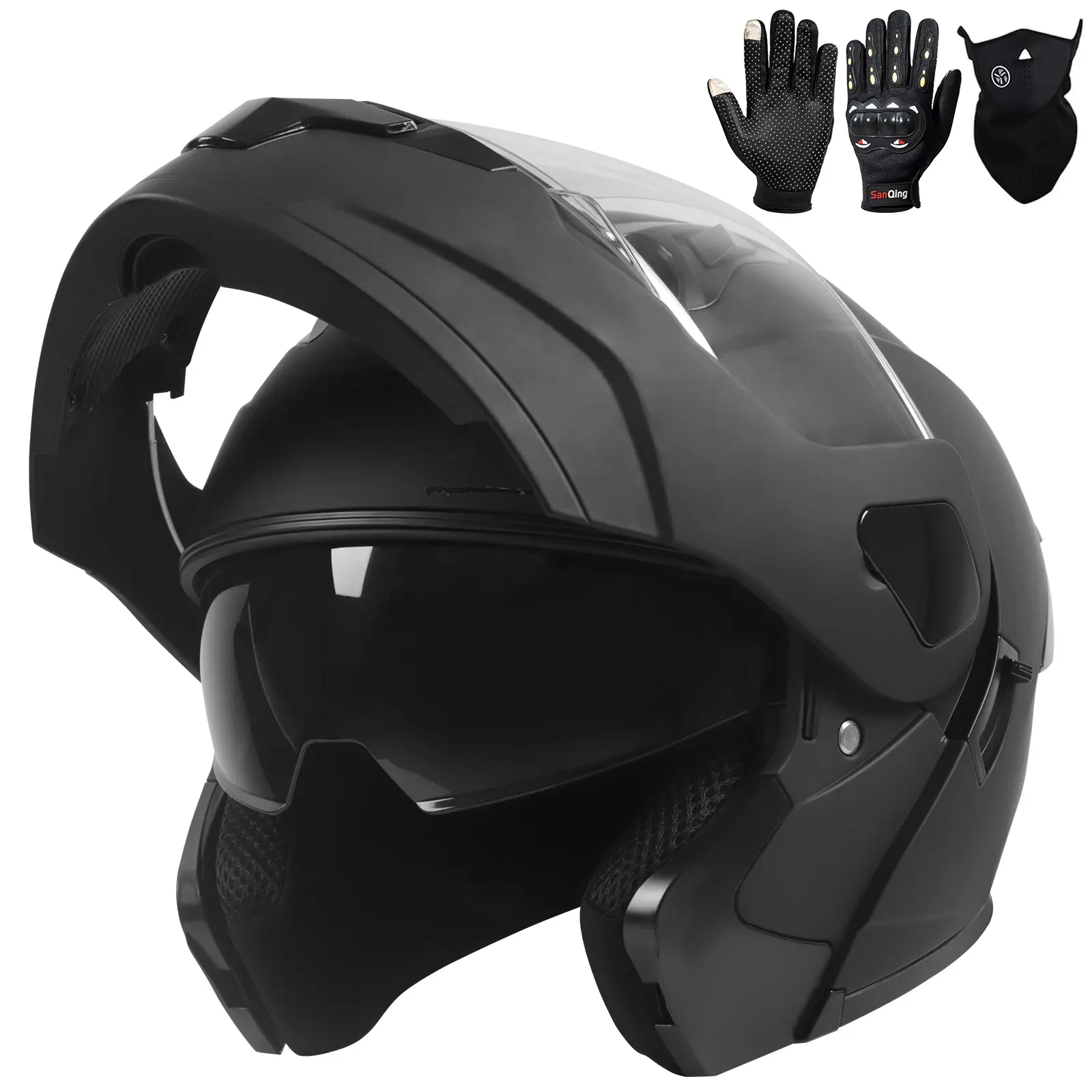 Adult Modular Motorcycle Helmets, DOT Approved Flip up Dual Visor Full Face Helmet for Men Women Moto ATV UTV Snowmobile ADV Four Wheeler Street Bike with Gloves & Mask