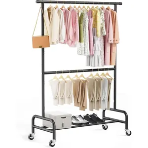 2-Tier Adjustable Height Hanger, Heavy Duty Double Rod Hanger, Freestanding Double Layer Hanger, Suitable for Wardrobe Organization, Bedroom, Living Room, Black