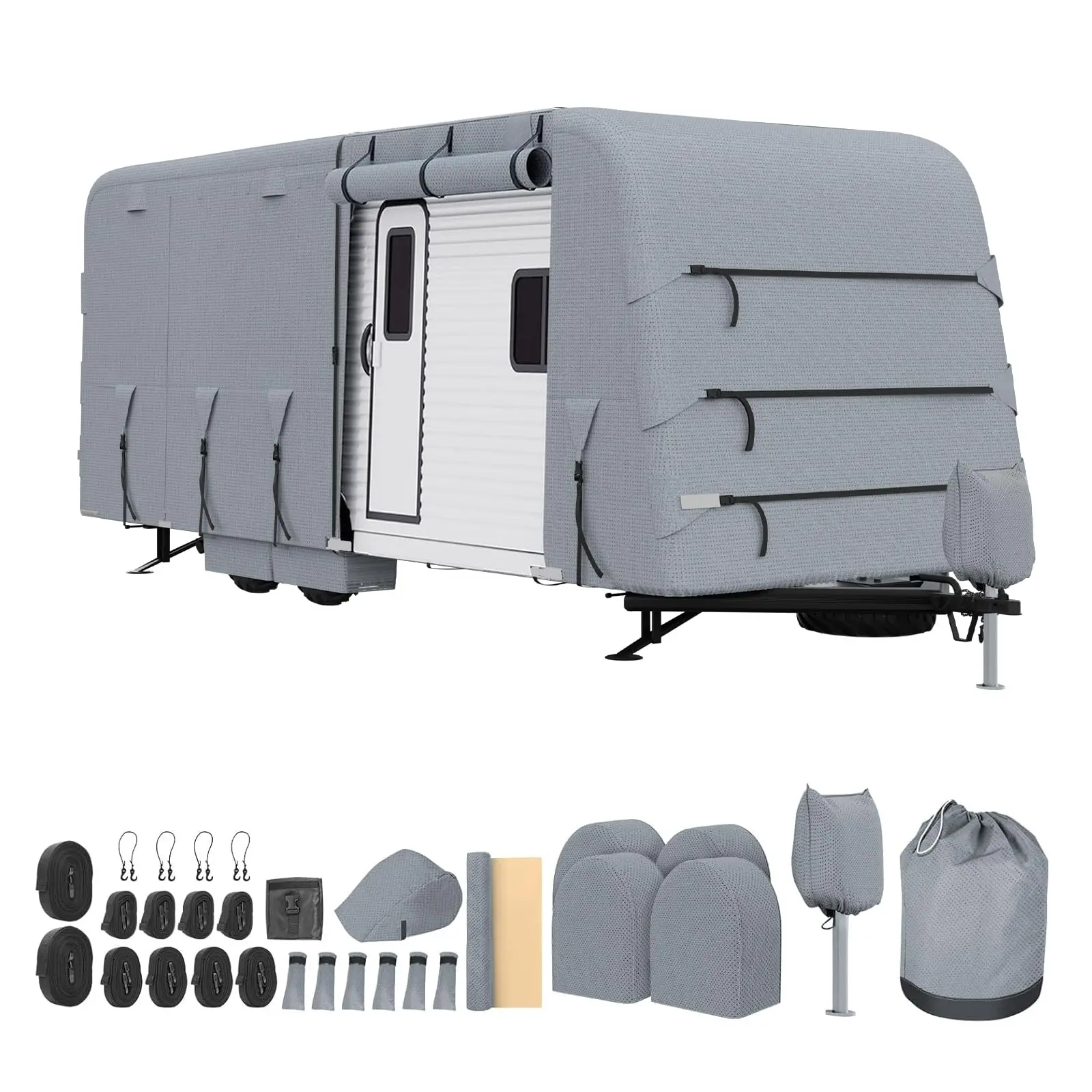 GARVEE 4-Layer All Weather RV Cover Set for 18'-35' Motorhomes & Travel Trailers, Anti-UV, Windproof, Waterproofing, Rip-Stop Protection, Adjustable Straps, Adhesive Repair Patches, Tire Covers (Gray, 20ft Compatible), 4 Bonus Tire Covers