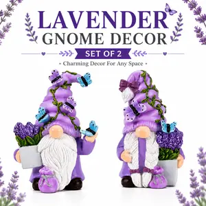 Lavender Gnome Figurines Set of 2, Resin Garden Gnomes with Butterfly Accents, Indoor Outdoor Home Decor for Shelf Tabletop Patio Yard, Cute Gift Idea