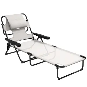 Outsunny Tanning Chaise Lounge Chair, 4-Position Beach Chair with Face & Arm Holes, Pillow headrest, Adjustable Sunbathing Chair, Cream White ultimate  relax