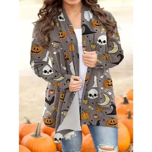 Women's Halloween Print Cardigan - Long Sleeve Stretchy Polyester-Spandex Blend with Pumpkin Skull Bat Witch Hat Print, Machine Washable Winter Casual Fall Sweater for Halloween Party Outfit