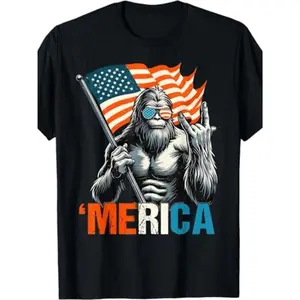 T - Shirt with a Fun Twist: Iconic Bigfoot Figure Holding Flag and Making Hand Gesture with 'Merica' for a Light - hearted Patriotic Vibe