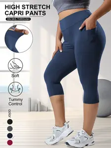 Women's Plus Size High Waist Stretchy Elastic Casual Tight Fitting Pants, Crescent Shape Pocket Design, Soft Comfortable Seven-Quarter Pants, Shaping Leggings