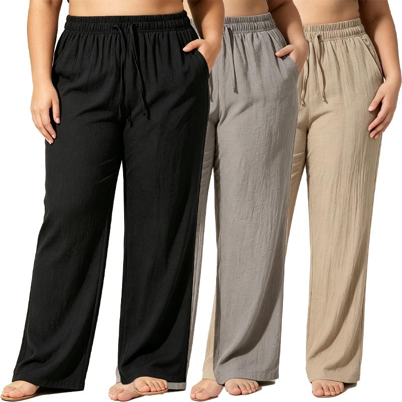 3-pack women’s drawstring joggers for fuller figures, featuring a ruched linen texture, high-stretch waistband, loose wide-leg fit, side pockets, breathable and lightweight—ideal summer casual beach sports pants.