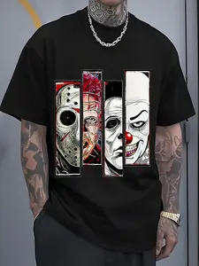 Vintage Horror Characters T-Shirt Iconic Slasher & Clown Villains Print 100% Cotton Short Sleeve Tee Perfect for Halloween Horror Fans Gothic Street Style Menswear Top - Tshirt, Streetwear