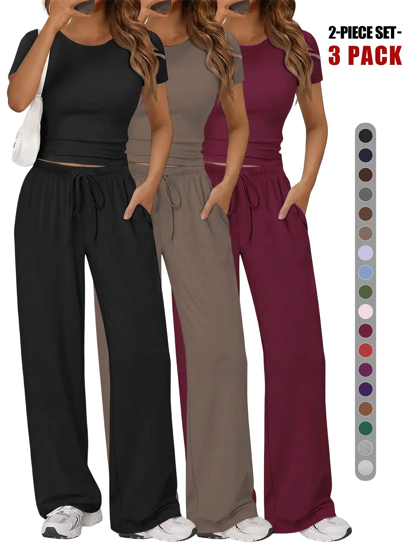 Women's 2 Piece Short Sleeve Basic Set, Fitted Crop Top & Adjustable Drawstring Wide Leg Pants, Slim-Fitting Casual for All Seasons, Clothes