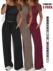 Women's 2 Piece Short Sleeve Set, Fitted Crop Top & Adjustable Drawstring Wide Leg Pants, Slim-Fitting Casual Womenswear for All Seasons