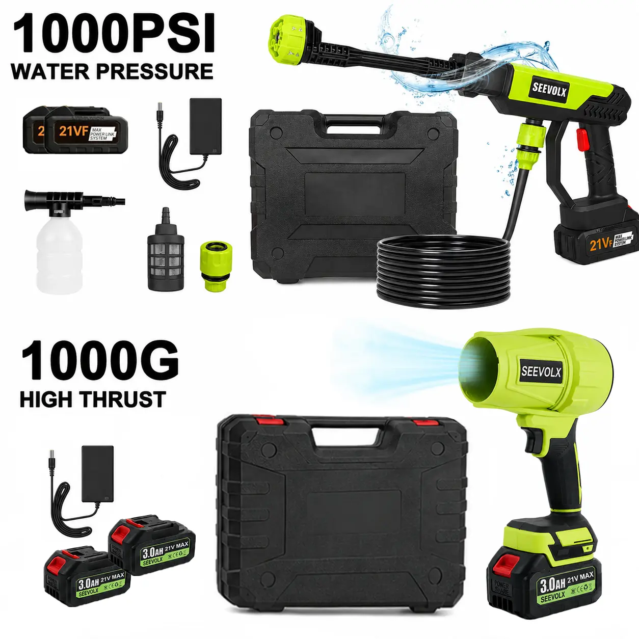 SEEVOLX 21V Cordless Pressure Washer Car Wash Set - Battery-Powered Portable Power Washer, 1000 PSI High-Pressure Waterjet, 1000G Turbo Leaf Blower, Air Duster for Exterior & Patio Cleaning Car Washing Tool Car Washing Supplies