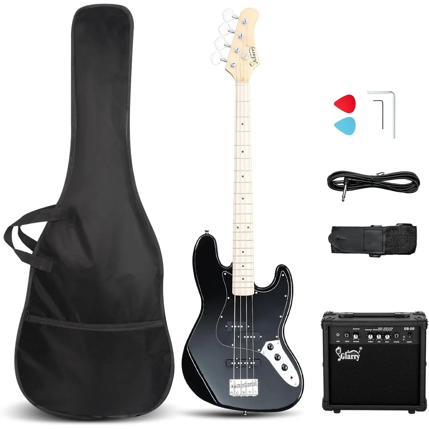 GLARRY Full-Size 4-String Bass Guitar, Exquisite Stylish Design, Gift-Ready Set with Guitar Bag, Power Line, Wrench Tool & Amplifier (Black), Full‑Size Bass
