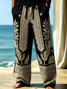Men's Ethnic Boho Print Linen Pants, Loose-Fitting Long Beachwear, Holiday Style, All Seasons, Casual Men's Trousers