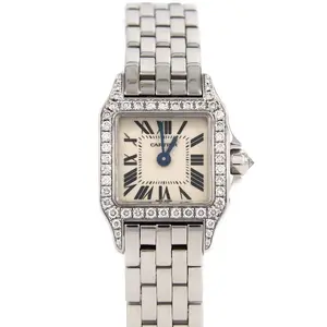 Pre-owned Cartier 18K White Gold (Au750) Small Leather Goods Mini Santos Demoiselle White Gold Quartz