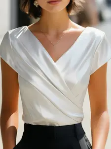 Elegant V-Neck Blouse for Women, Lady, Summer 2026 Fashion, Slim-Fit Asymmetrical Design, Professional Business Wear, Chic and Stylish Top, Womenswear, Shirts