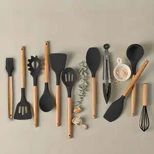 Silicone Kitchen Utensil Set, 11pcs Non-stick Cooking Utensils with Wooden Handle, Kitchen Cookware Sets, Cooking Tools for Daily Use, Kitchen Cooking Accessories