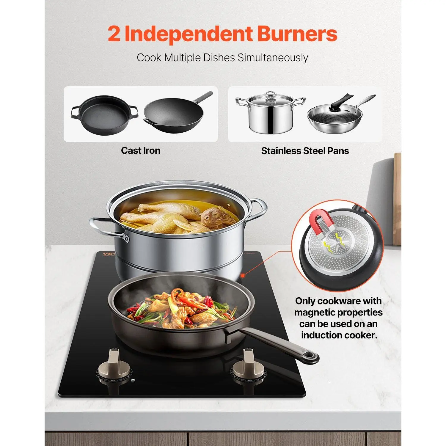 Spring New Arrivals 1800W 12-Inch Induction Cooktop, Electric Countertop Burner with 2 Independent Burners, Knob Control, Easy Installation for Elderly Users