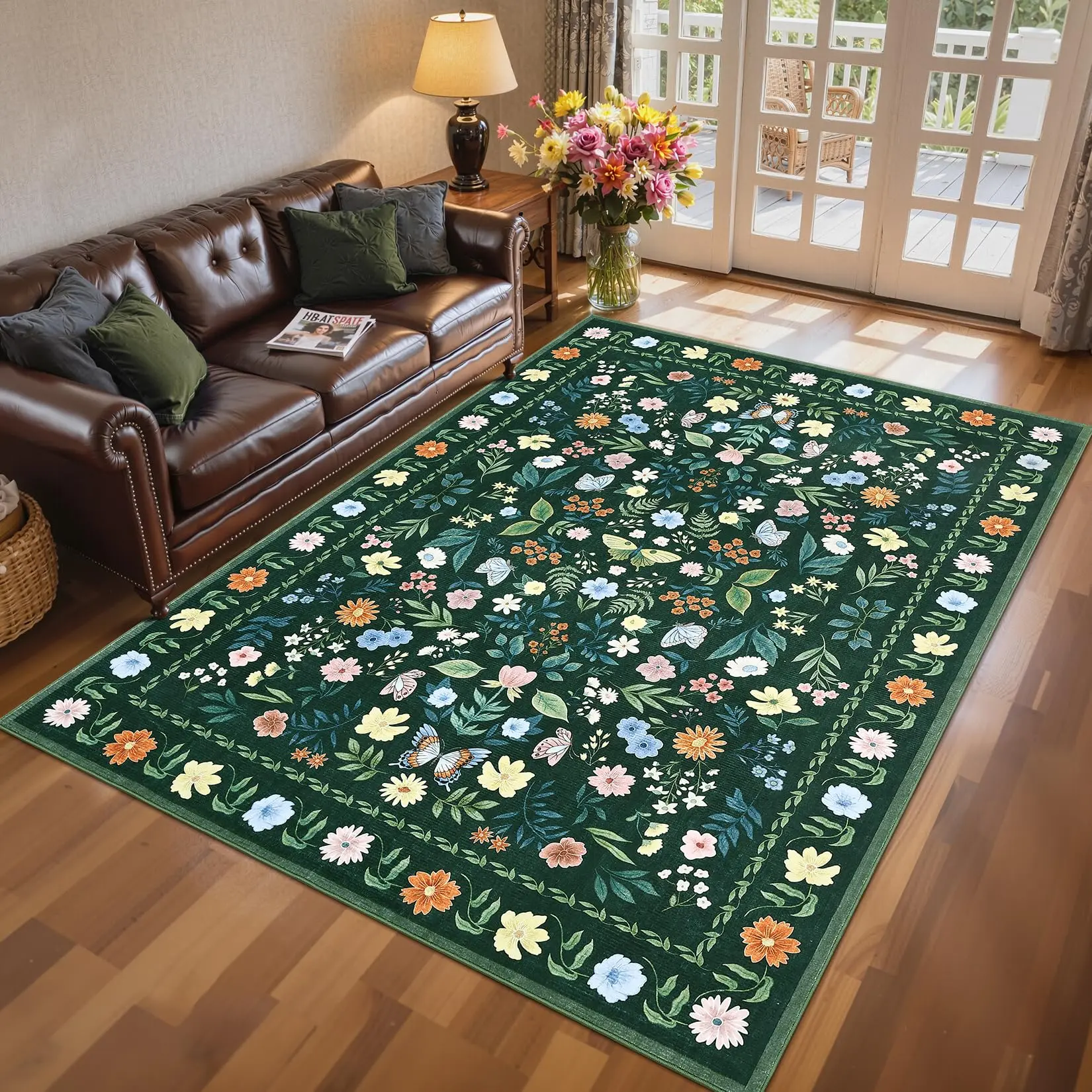9x12 Area Rug Washable Rugs for Living Room Floral Butterfly Rug Modern Area Rugs Stain Resistant Throw Carpet Non-Slip Low-Pile Soft Floor Mat for Nursery Home Office Dining Room, Green