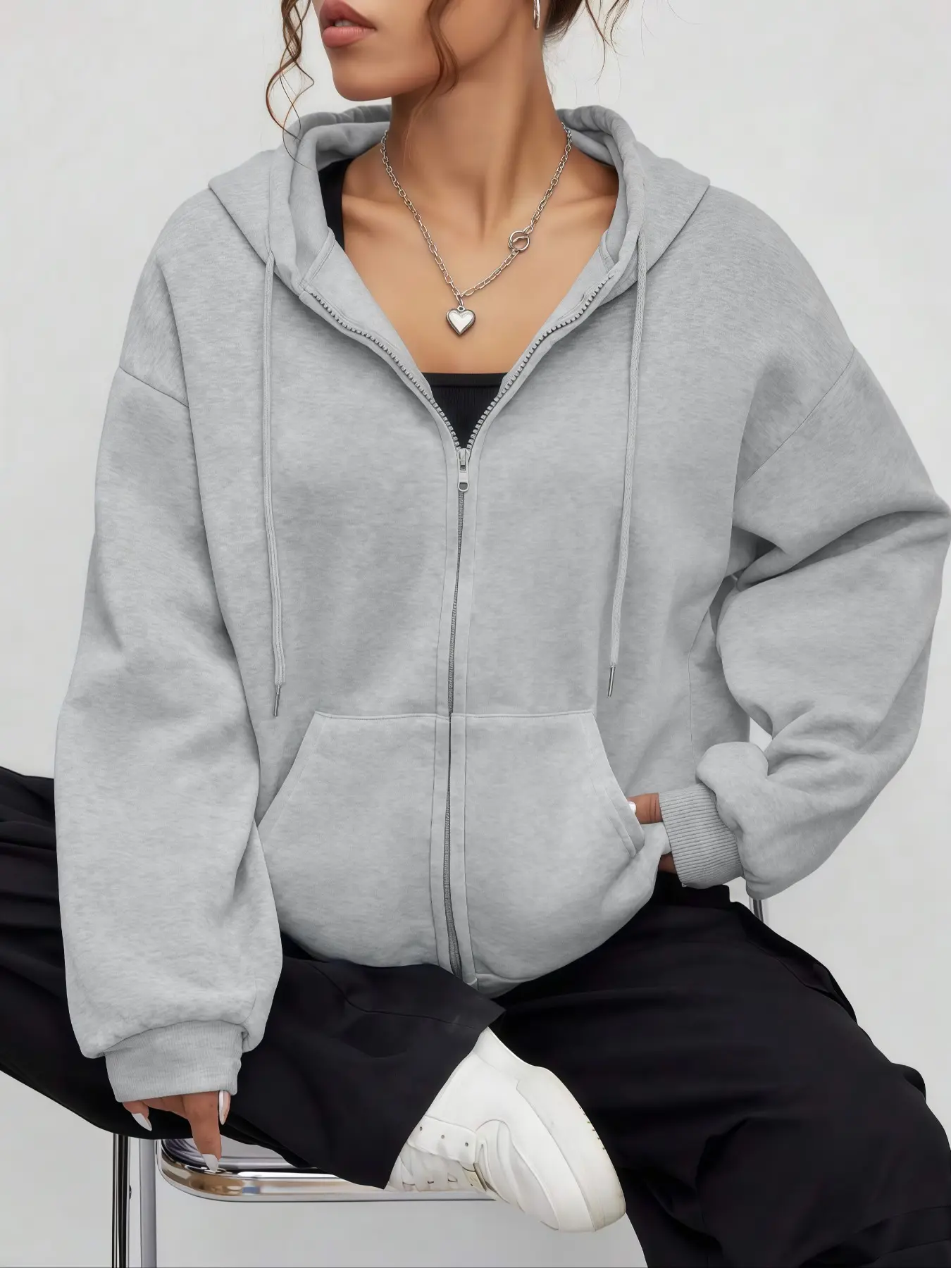 Women's Colorful Letter Print Hooded Zipper Jacket, Loose-Fit Baggy Long Sleeve Warm Coat, Sporty Casual Fall & Winter Outerwear, Thick Knit Fabric, Solid Sweatshirts, Womenswear, Fall Winter Clothing