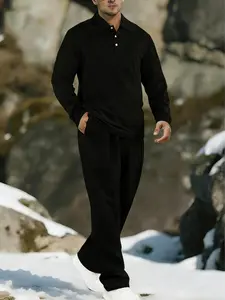 Men's Solid Color Linen Sports Set | Warm and Comfortable Button Top+Elastic Waist Pants Set, Suitable for Winter Casual Style