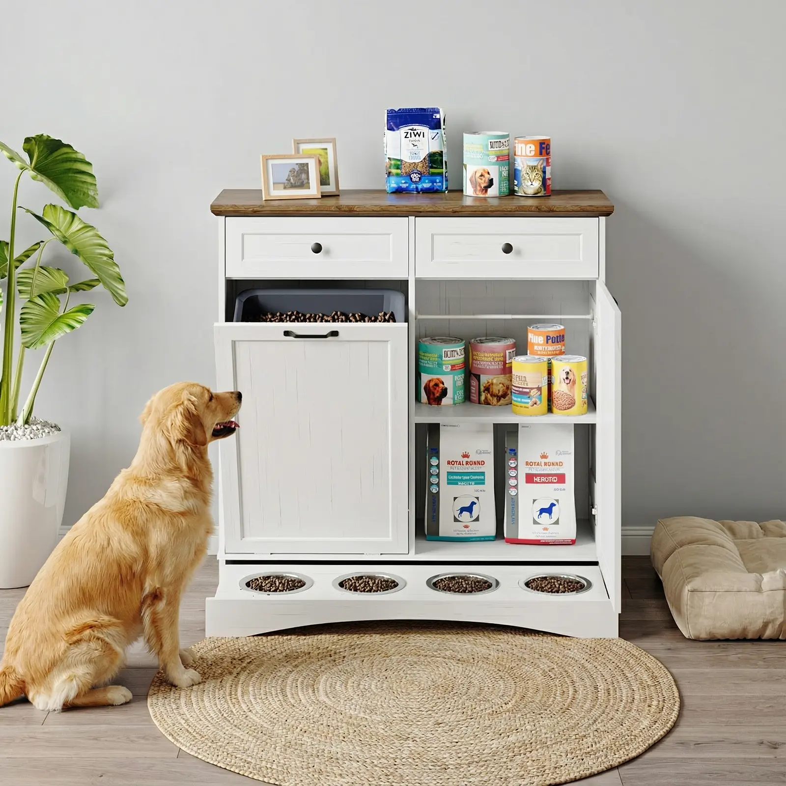 SummerVibes Engineered Wood Pet Feeding Station Cabinet - Dual Tiltable Doors for Dog Food & Clothing Storage, Tilt-Out Design with 4 Feeding Bowls for Quick Access
