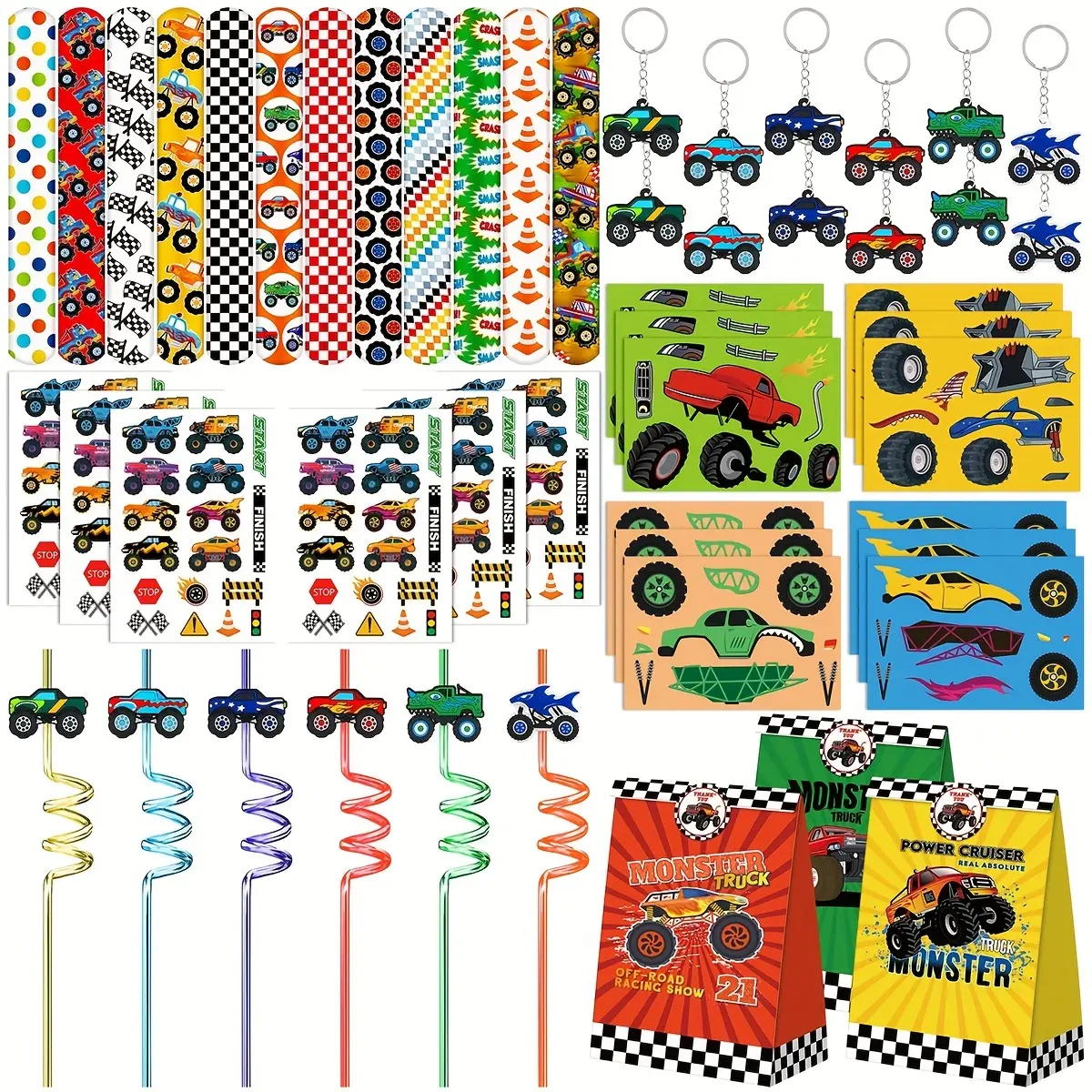 Monster Truck Party Favor Set with Slap Bracelets, Keychains, DIY Stickers, Straws, Goodie Bag Stuffers for Monster Truck Birthday Party Supplies