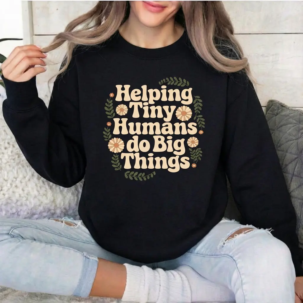 Retro Boho Teacher Sweatshirt for Women, Casual Floral Graphic Crewneck Pullover in Comfortable, Breathable 100% Cotton