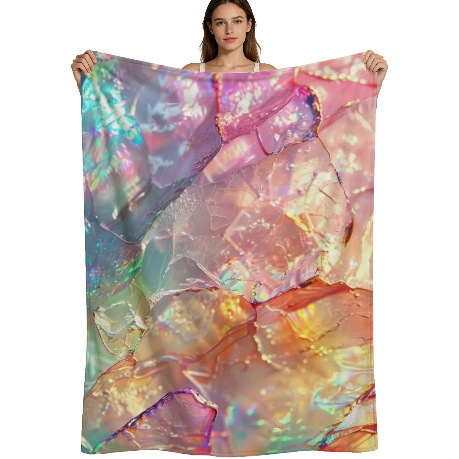 Iridescent Crystal Aesthetic, Warm Flannel Blanket, Holographic Shard Pattern, Soft Plush Fabric Detail, Cozy Bedroom Decor Gift, 4 Sizes Available Single Pack