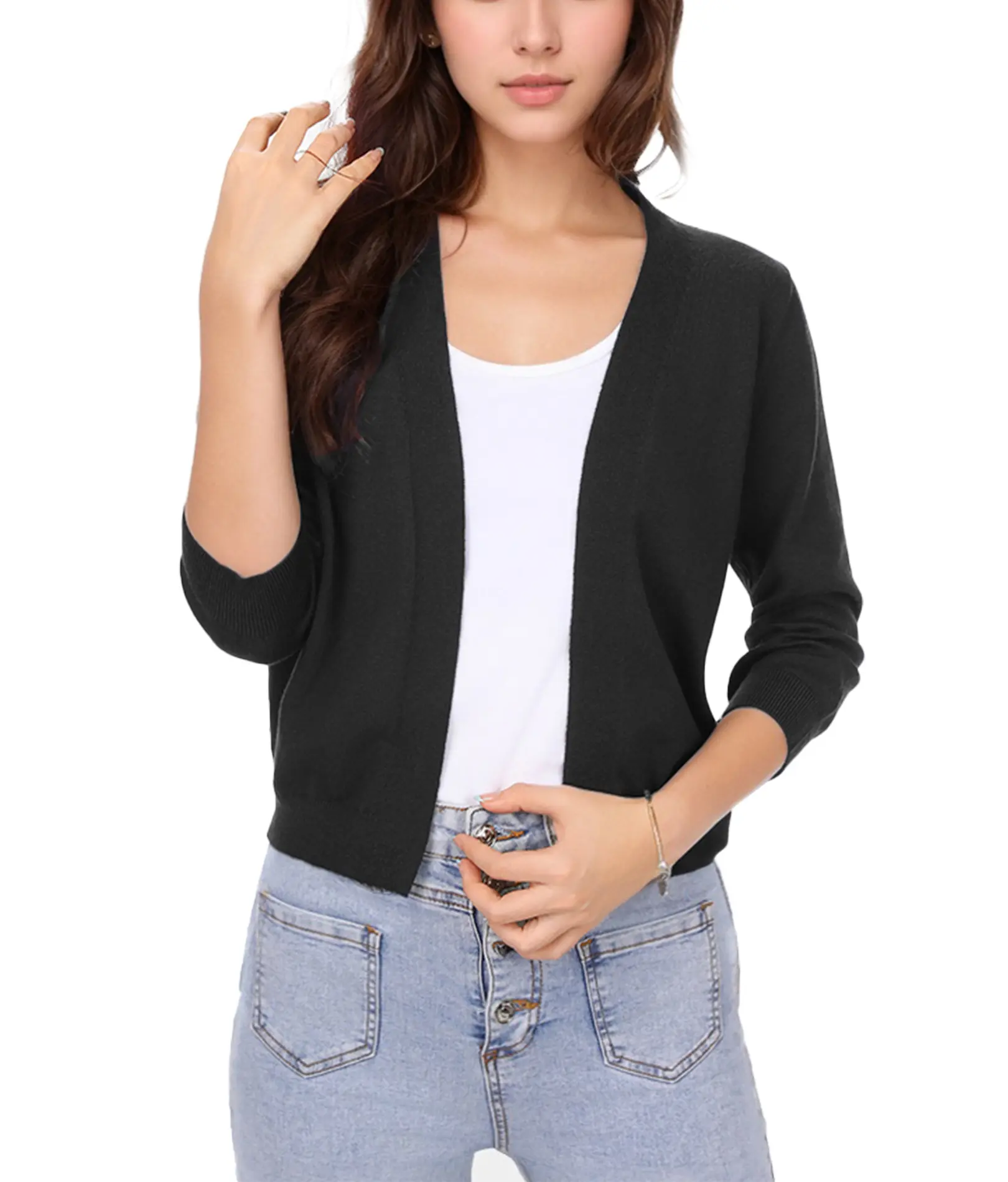 ZEAGOO Cnlinkco Women's 3/4 Sleeve Cropped Open Front Shrug, Trendy Casual School Top, Stylish Shirt Blouse Jacket Coat, Shirts, Tops, Style, Blouses, Ribbed, Knit