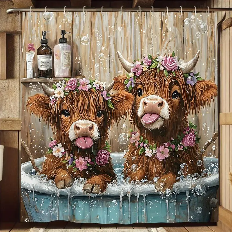 Highland Cow Floral Flower Print Shower Curtain Set for Bathroom with 12 Hooks, Cute Farmhouse Decorative Bathroom Decor, Bathroom Decoration Accessories, Shower Essentials, Bathroom Shower Curtain Sets, Includes Bath Mat and U-Shaped Toilet Cover