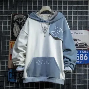 Japanese Style Spring Autumn Men Hoodie Hooded Cute Cat Print Patchwork Teen Hoodies Fashion Anime Harajuku Male Sweatshirt Can be used with raincoat