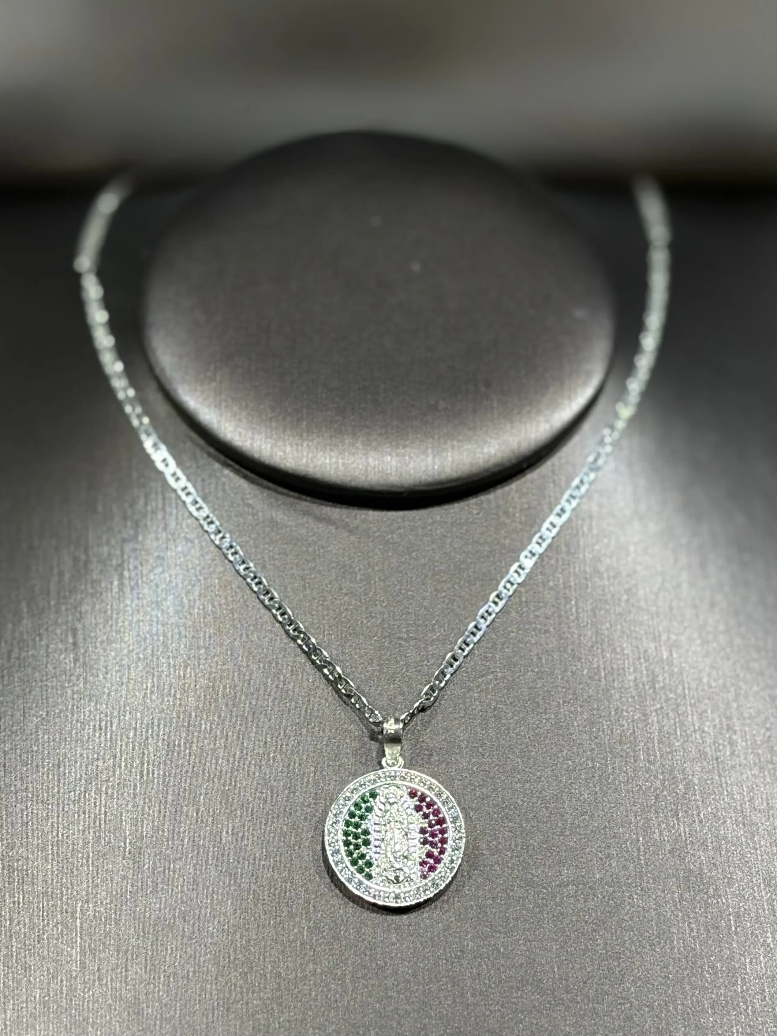 .925 Sterling Silver Guadalupe Pendant Medallion with Virgin Motif, Inset with Tri-Color Pieces of Green, White, and Red Stones for Unisex Wear, Daily Wear, Stones Inset, Guadalupe Round, Inset Medallion
