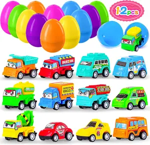 12 Pack Prefilled Easter Eggs with Car Toys for Kids Toddlers Bulk Plastic Eggs Pull Back City Truck Vehicles Easter Goodie Bags Stuffers for Toddlers Boys Girls