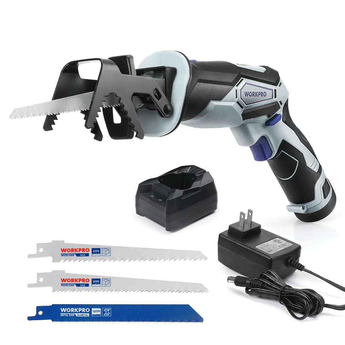 #backtoschool WORKPRO 12V Cordless Reciprocating Saw with Clamping Jaw, 2.0Ah Li-Ion Battery with 1 Hour Fast Charger, Variable Speed and Tool-Free Blade Change, 3 Saw Blades for Wood & Metal Cutting