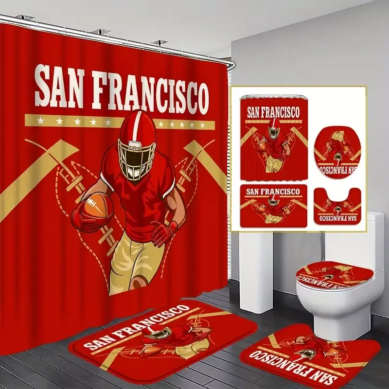 1/4pcs San Francisco Football Team Themed Shower Curtain Set, Bathroom Decoration Accessories, includes non-slip mat, U-shaped rug, toilet seat cover, for bathroom décor, Shower Essentials, comes with 12 shower curtain hooks, Bathroom Accessory