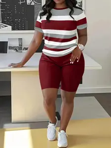 Two-Piece Set Women's Striped Print Short Sleeve Tee & Plain Elastic Waist Shorts, Casual Round Neck Fitted T-shirt & Skinny Shorts, Ladies Clothes for All Seasons, Womenswear, Top Shorts Set, Lounge Shorts Set, Casual Matching Set, Summer Outfits Set