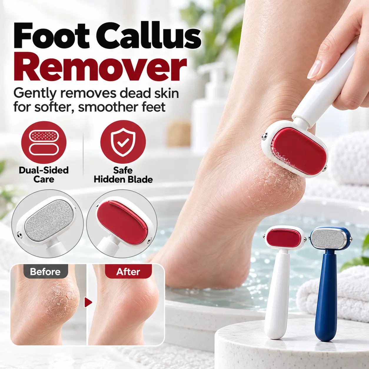 2-in-1 Handheld Callus Remover Pedicure Tool - Portable Removal Gadget, Scraper Pedicure Tool with Easy-Grip Handle, Dual-Side Design, Hidden Stainless Steel Blade, Fine File, Removable Replaceable Head for Smooth Dead Skin, Rough Heels