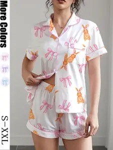 Women's Sleepwear Set, Bow Rabbit Print, Short Sleeve Button-Up Top & Elastic Shorts, Casual All-Season Home Wear, Loungewear, Pajama