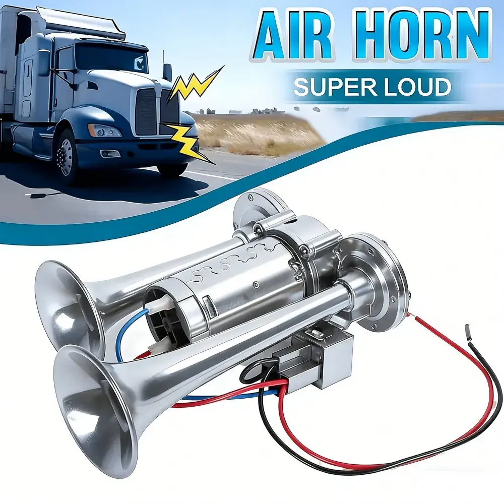 Super Loud 130DB Dual-Tube Air Horn Kit for 12V Vehicles Rvs Suvs Sedans Off-Road Boats Electric Vans Trucks Catering Trucks Clear Audible Signal Ready-to-Install Set with Built-In Compressor and Full Wiring Harness