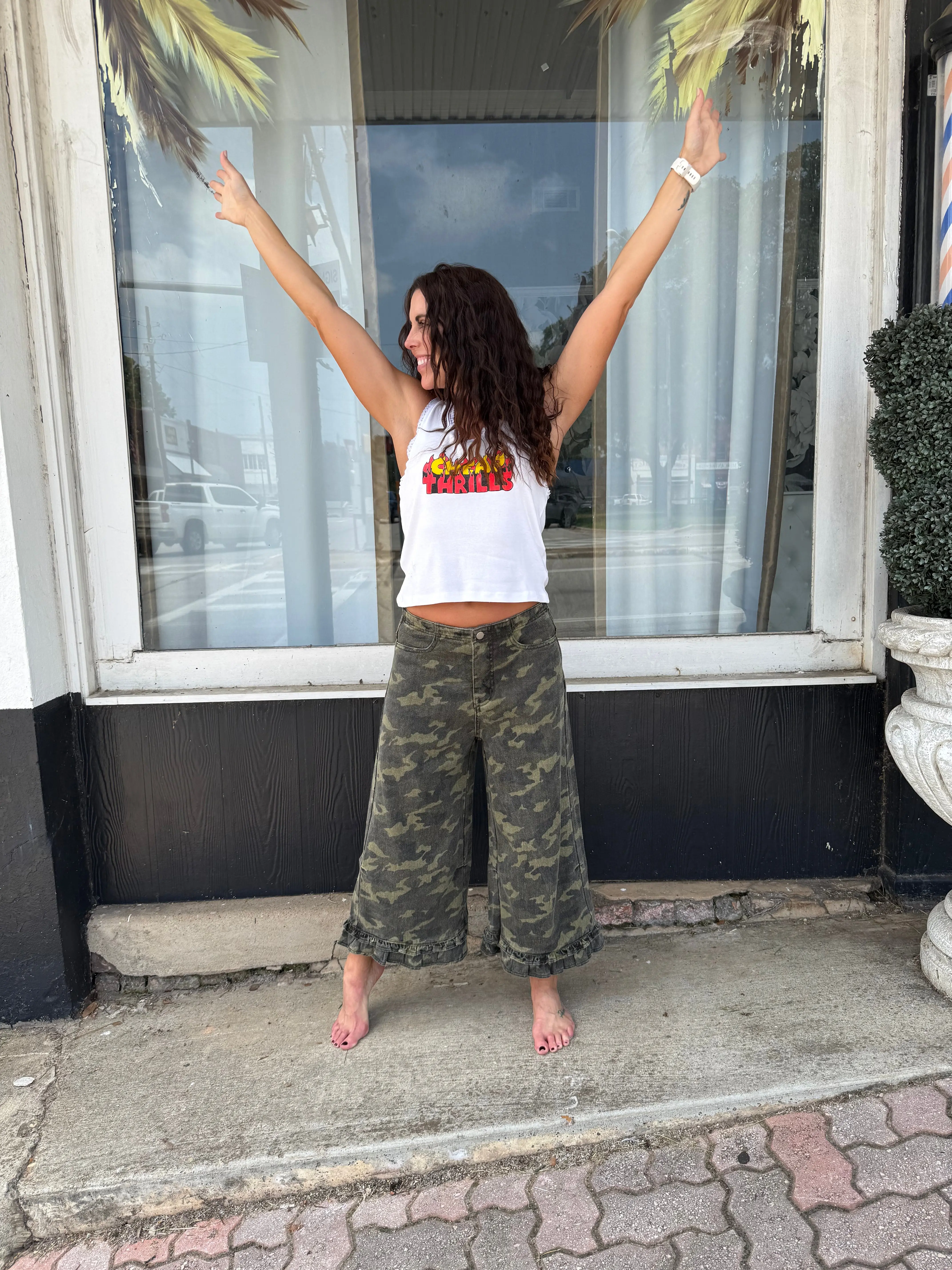 Camo Denim Ruffle Hem Bloomer Pants