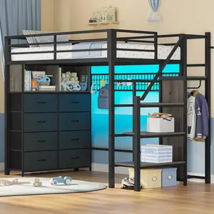 ADORNEVE Twin Size Loft Bed with Storage Stairs and 8 Drawers LED LED Metal Kids Loft Bed with Power Outlet and Shelves Wardrobe Safety Guard