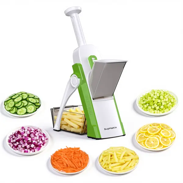 【SupMaKin】5-in-1 Stainless Steel Mandoline Slicer - Lightweight Foldable Kitchen Utensil, Rotating Blade Multi-Vegetable Chopper, Potato/French Fry Cutter, 4 Modes, 100+ Adjustable Thickness Presets, Kid-Safe Plastic Components, Kids, Utensils, Family Din