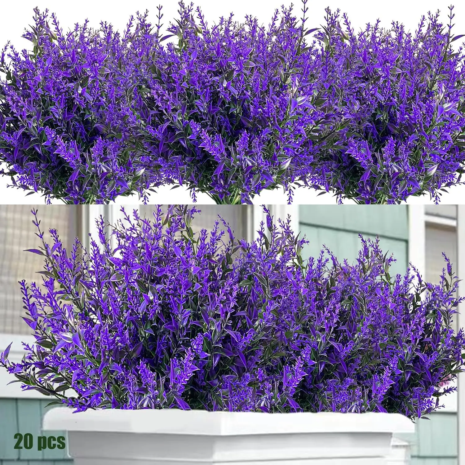 20 Bundles Artificial Lavender Fake Flowers Faux Plastic Plants for Home Wedding Kitchen Garden Patio Window Box Office Table Centerpieces Indoor Outdoor Decor, Purple