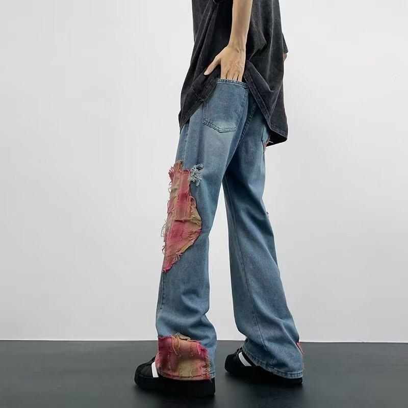 High Street Hip-Hop Flared Jeans for Men And Women Summer Street Design Splicing Mopping Pants, for Outdoor(button Holes Not Opened At Waist)