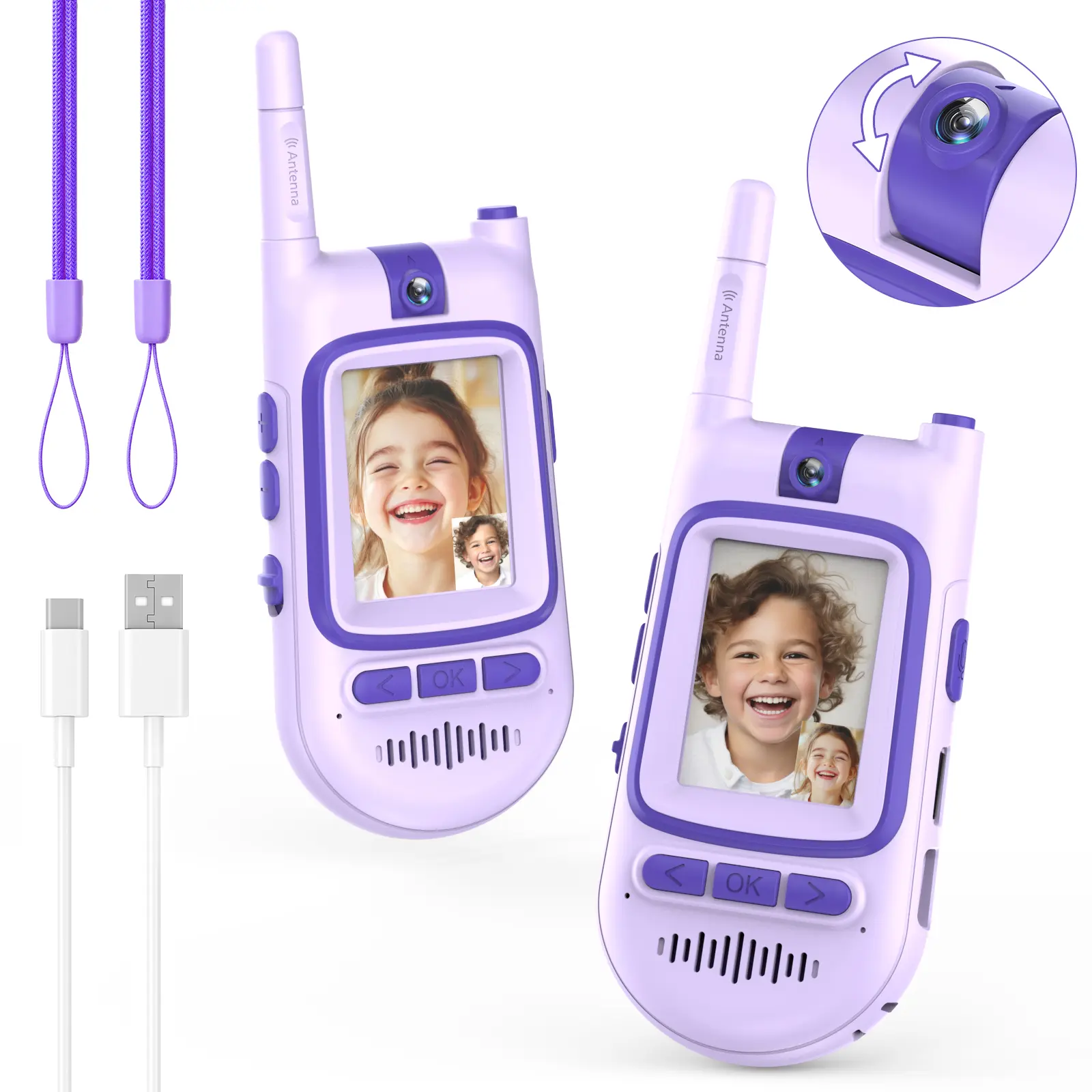 2-Pack Rechargeable Kids 2-in-1 Video Walkie-Talkie & Camera Toy, Long Range, Indoor Play/Camping Gift for 3-12 Year Old Boys Girls