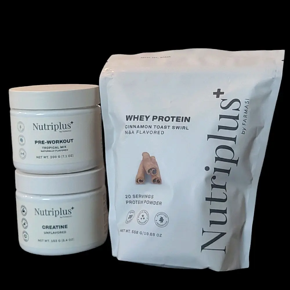 Nutriplus+ Fitness Bundle - Cinnamon Toast Swirl  Whey Protein, Unflavored Creatine, Tropical Mix Pre-Workout Powder