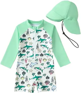 Baby/Toddler Boy Long Sleeve Rash Guard One Piece Swimsuit with Hat | Sun Protection, Quick Dry