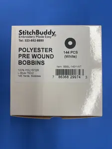 StitchBuddy Polyester Pre Wound Bobbins 100% Polyester 145 Yards Sideless White Embroidery Per Wound Bobbins SBSL-145Y-WT