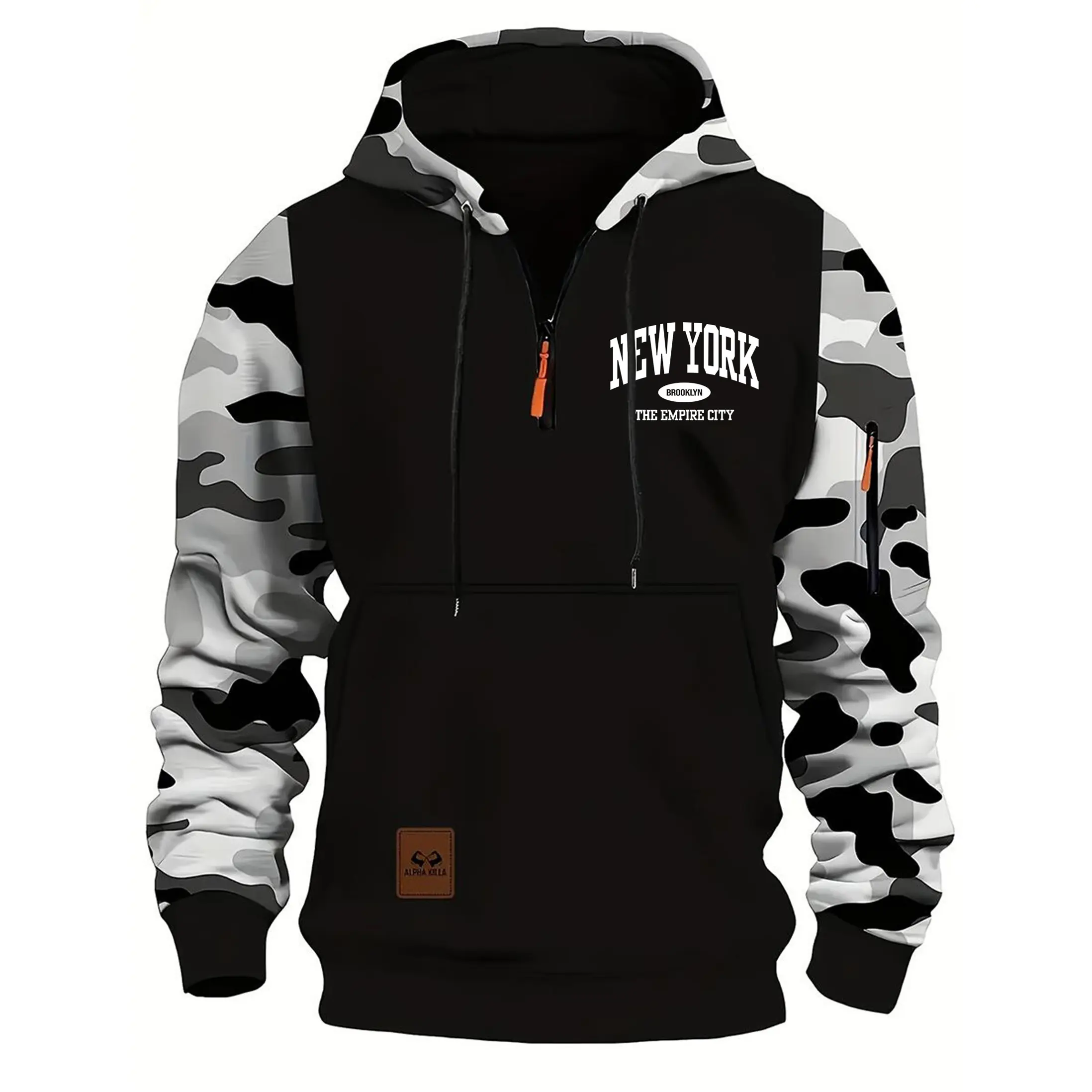 Men's Loose-Fit Hooded Camouflage Sweatshirt - New York Print, Zipper Pullover, Top Stitching, Slit Pocket, Available in Red, Army Green, Blue, Gray