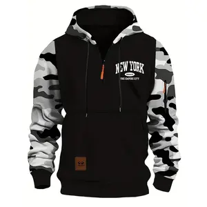 Men's Loose-Fit Hooded Camouflage Sweatshirt - New York Print, Zipper Pullover, Top Stitching, Slit Pocket, Available in Red, Army Green, Blue, Gray