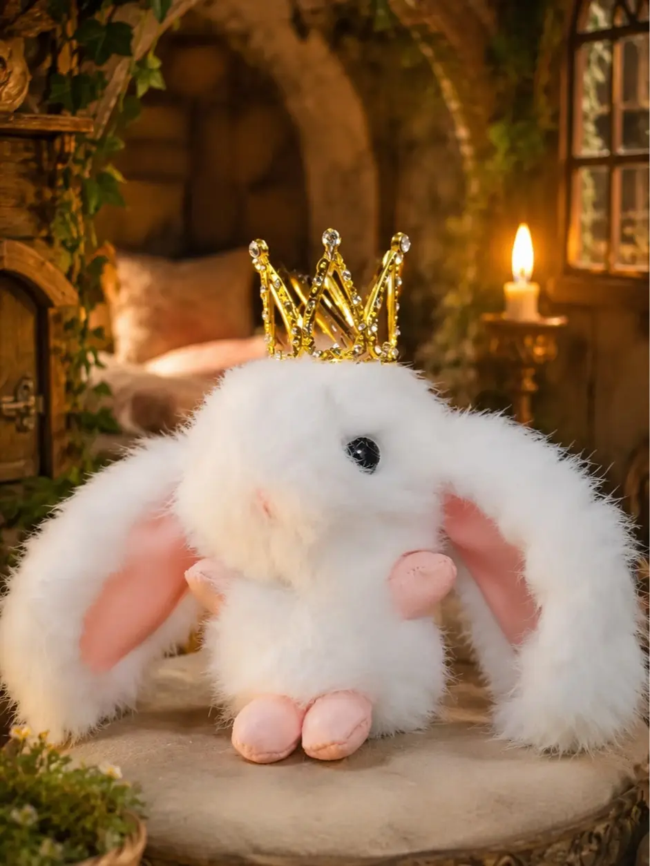 The Armored Kingdom Alloy Crowned Fluffy White Snugglehop Bunny Keychain Set - Soft Plush Fabric, Cute Small Size, for Bunny Enthusiasts, Fluffy Bunny Keychain